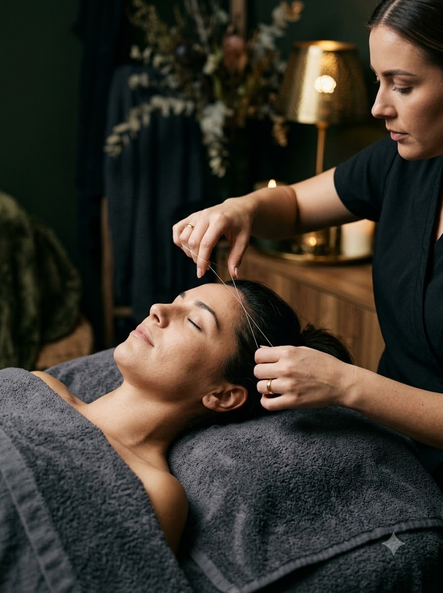 Forehead threading, steady hands.